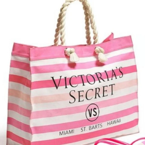 Victoria's Secret Vintage Pink Striped Beach Tote NWT Resort Vacay Weekender - Picture 2 of 16